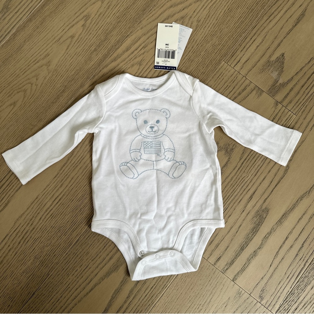 NWT, Ralph Lauren White Bodysuit with Subtle Print, 3 months